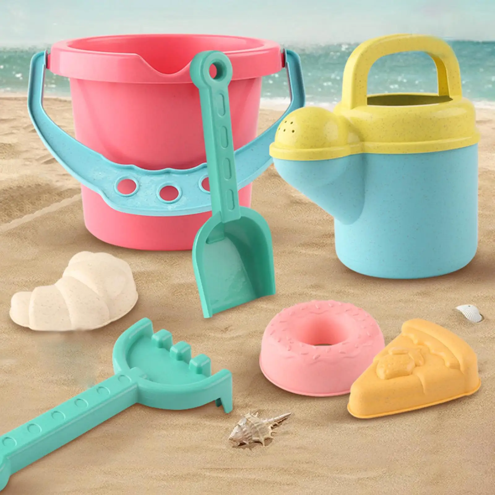 

7 Pieces Sand Toys Travel Beach Toy Sand Castle Toys Watering Can and Beach Bucket for Bathtime Toy Child Backyard Garden Hiking