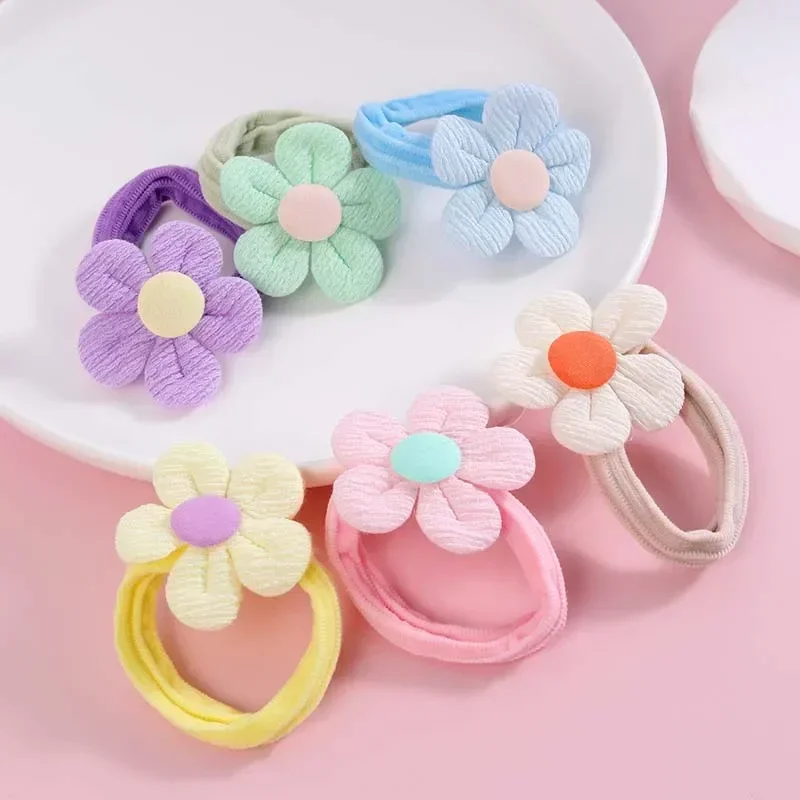 ncmama 6Pcs/set Cartoon Flower Hair Bands Girls Nylon Elastic Rubber Band Hair Ring Headband Kids Headwear Hair Accessories Gift 20pc box woman nylon strong elasticity hair ring girls jointless rubber band scrunchie hair accessories headwear hair rope