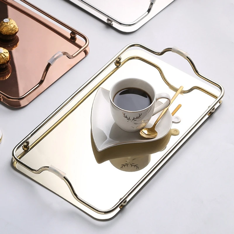 

Nordic Style Rectangular Stainless Steel Mirror Tray with Handles Coffee Bar Food Elegant Teapot Cup Storage Hold Serving Trays