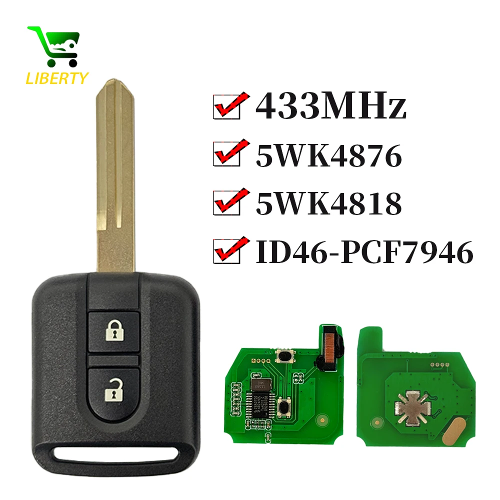 Liberty 5WK4 876/ 818 433MHz ID46 ชิป PCF7946 Key Fob สําหรับ Nissan Elgrand X-TRAIL Qashqai Navara Micra หมายเหตุ NV200 Remote Key