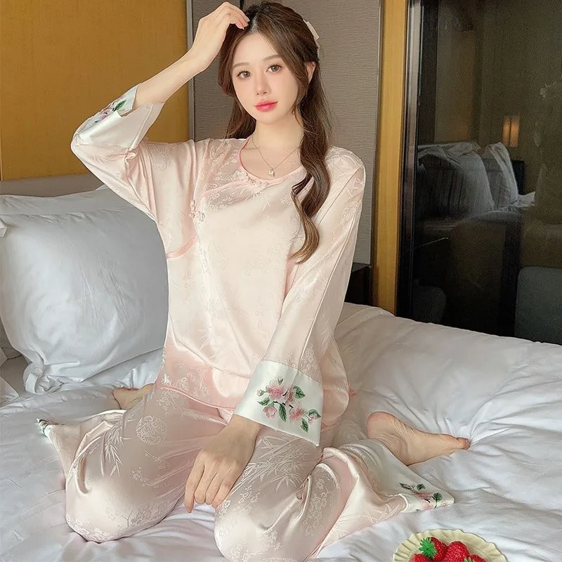 Neo-chinese Style Chinese-style Pajamas Ms. Spring Autumn Ice Silk Deluxe Suit Long-sleeved Trousers Loungewear Can Worn Outside