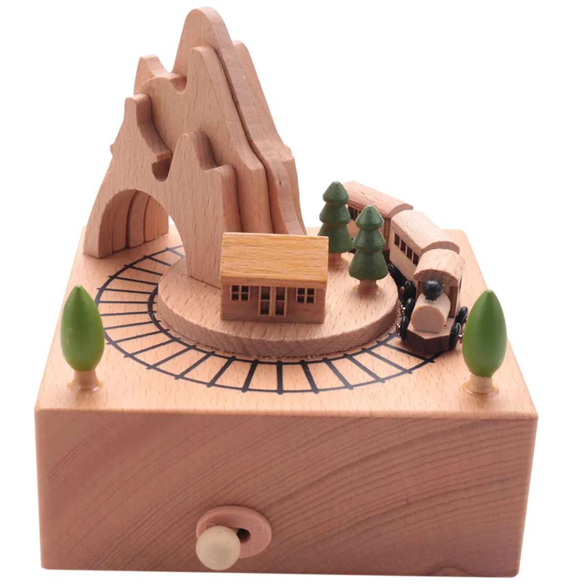 

Wooden Musical Box Featuring Mountain Tunnel With Small Moving Magnetic Train Plays