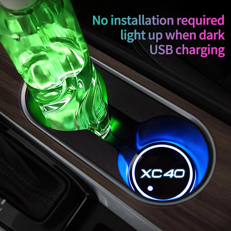 LED 자동차 물컵 매트, 음료 거치대, 볼보 Xc40 엠블럼용, 자동차 인테리어 장식 분위기 조명