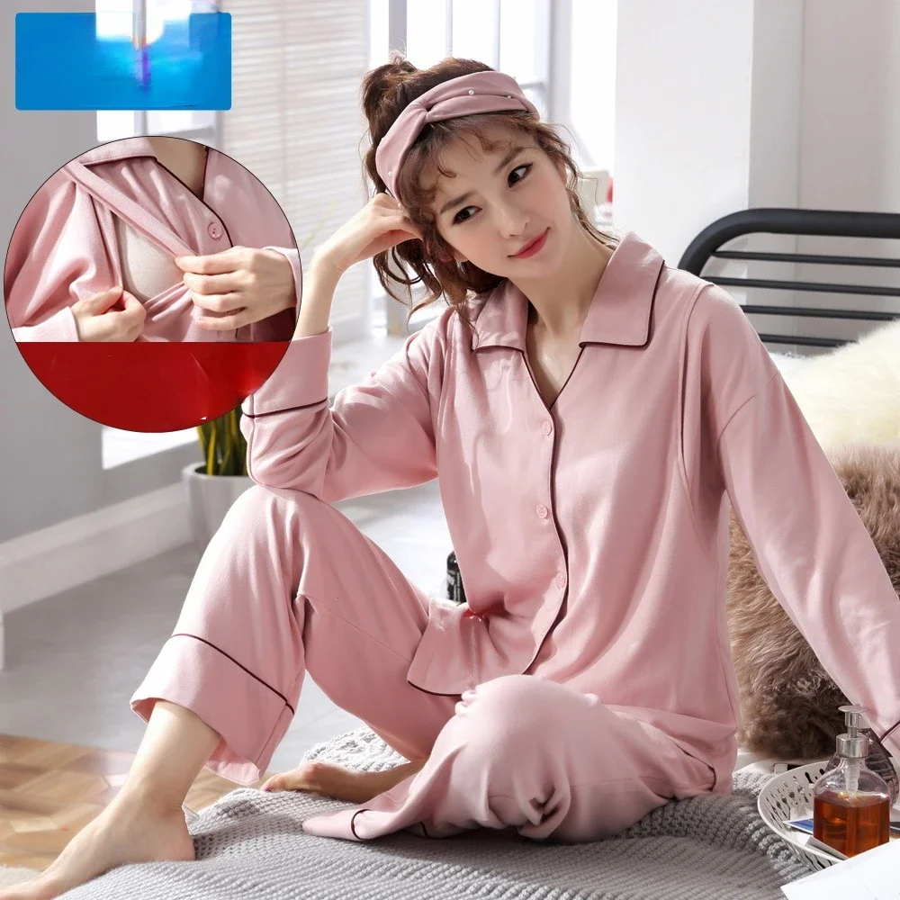 Sleepwear Long Sleeve Cotton Maternity Pajamas Prenatal Postpartum Side Opening Breastfeeding Pajama Sets Homewear Loungewear