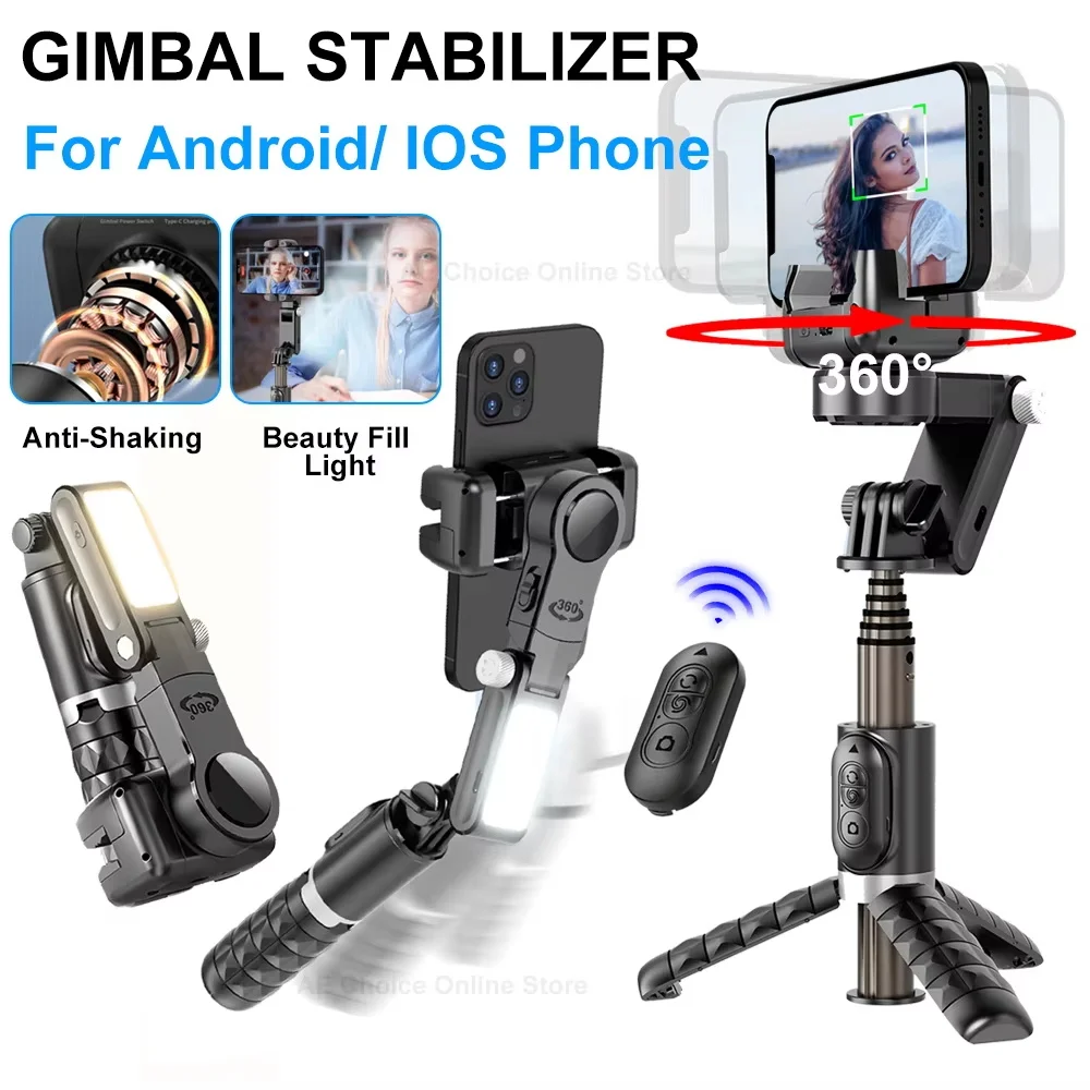 Q18 Gimbal Stabilizer Handheld Mobile Phone Selfie Stick Holder Fill Light Bluetooth for HUAWEI Iconic Brand IPhone Follow Shoot Mode