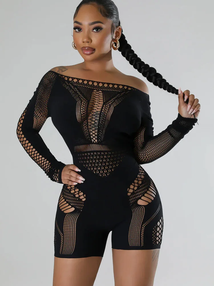 Sexy Mesh See Through Midnight Playsuits Donna Manica Lunga Scava Fuori Patchwork Skinny Clubwear Pagliaccetti Pantaloncini Tuta Da Donna