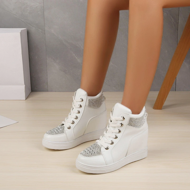 Zapatillas de deporte plataforma y tacón oculto para mujer, zapatos femeninos de cuña purpurina, informales, de cuero blanco y negro|Zapatos de mujer| AliExpress