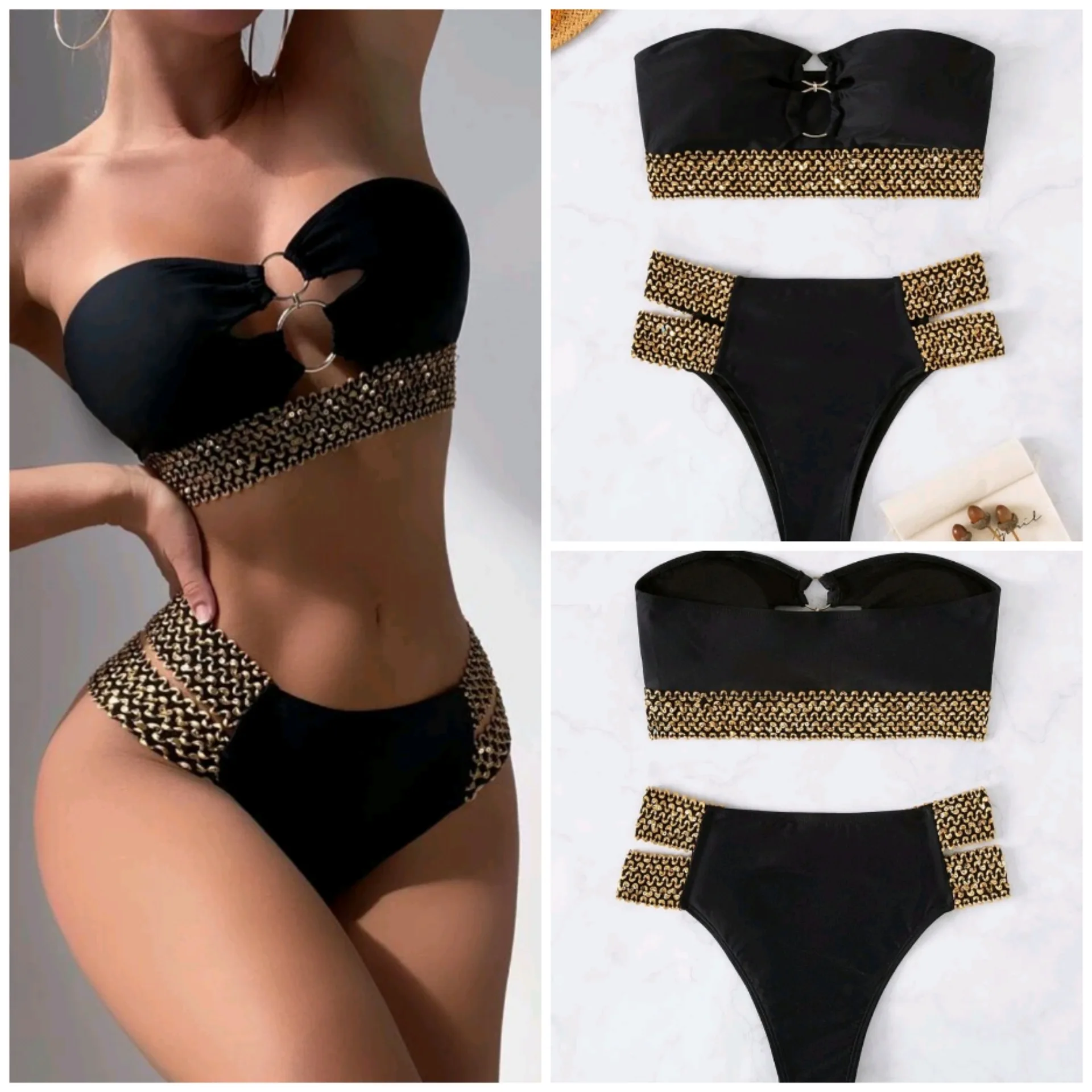 

New bandeau backless European and American sexy solid color high waist split bikini women's casual surfing swimsuit