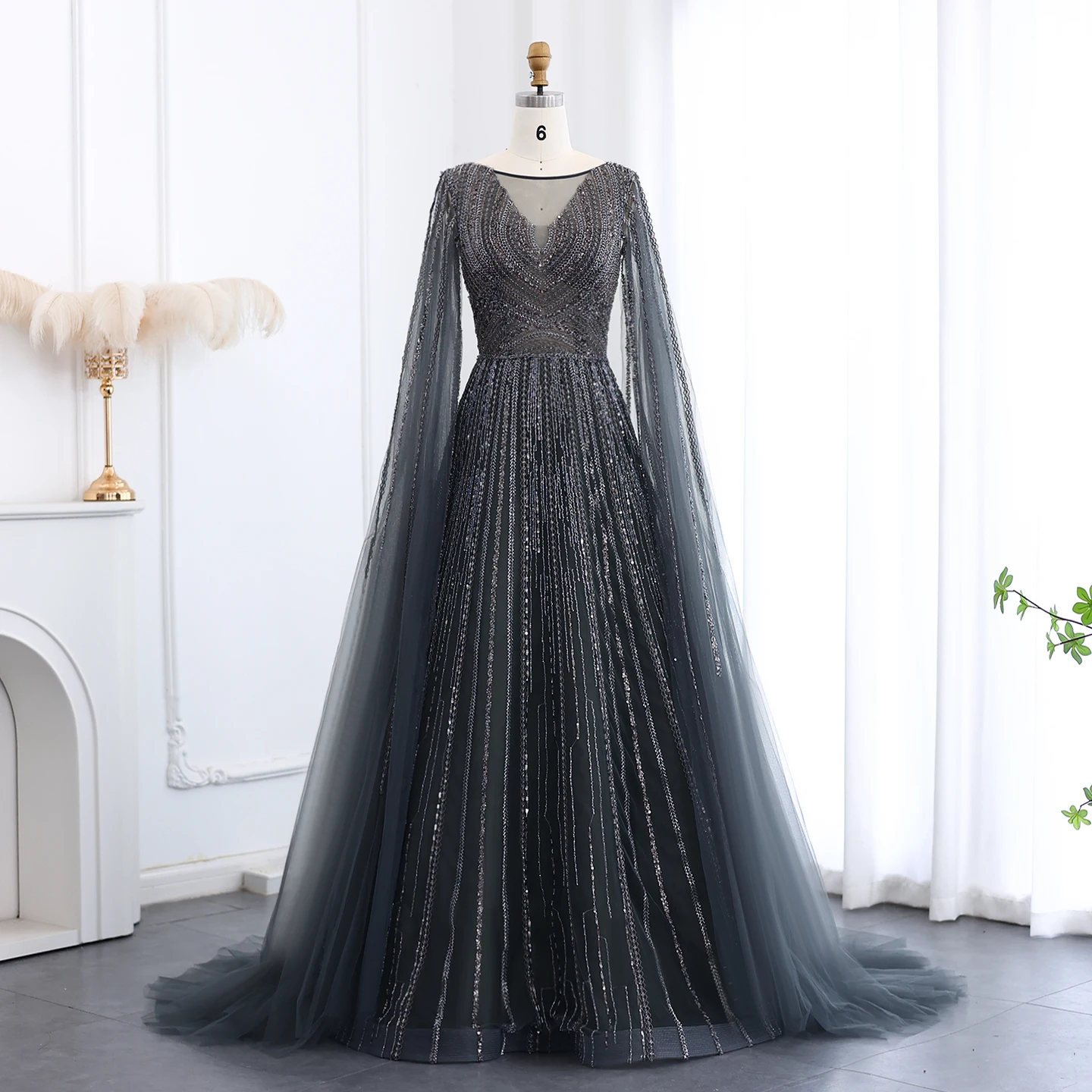 Luxury Gray Green Evening Dress with Cape Sleeves SS005 Pink / 18 Luxury Gray Green Evening Dress with Cape Sleeves SS005 Pink / 18