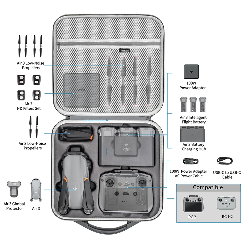 Détail de la boucle et du logo sur le sac de transport pour DJI Air 3, matériau PU texturé.