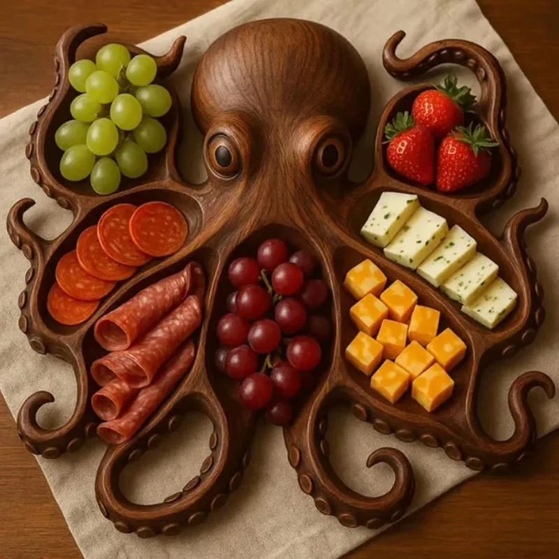 Octopus Charcuterie Platter Kitchen Table Fruit Snack Platter，Wooden Decorative Tableware，Gift for Any Occasion