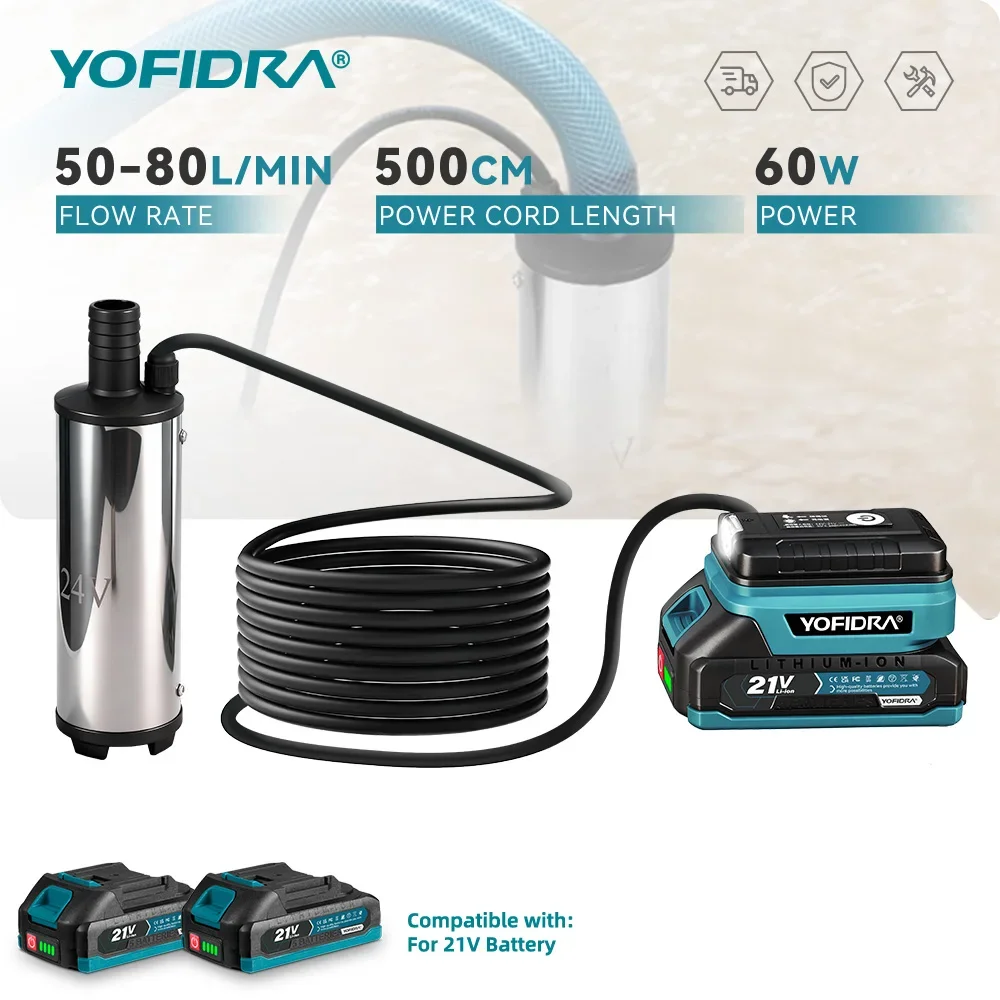 משאבת חשמלית מיני YOFIDRA 50-80 ליטר לדקה לשאיבת דיזל, שמן, מים והעברת דלק צוללת עבור סוללת Makita 21V