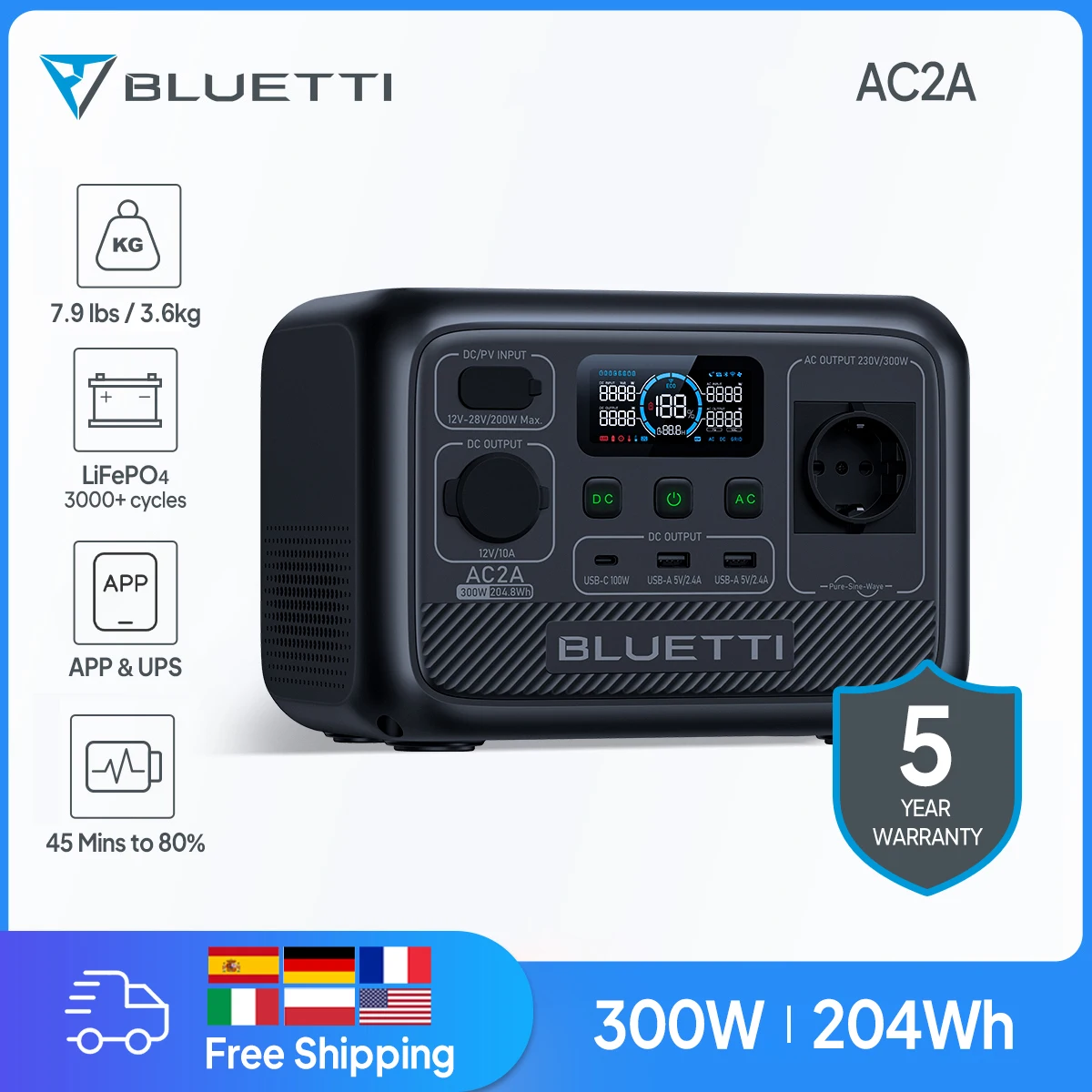 Bluetti Ac2A Centrale Elettrica Portatile 300W 204Wh Lifepo4 Batteria Di Backup Generatore Solare 3,000 + Cicli Di Carica App Ups Senza Soluzione Di C