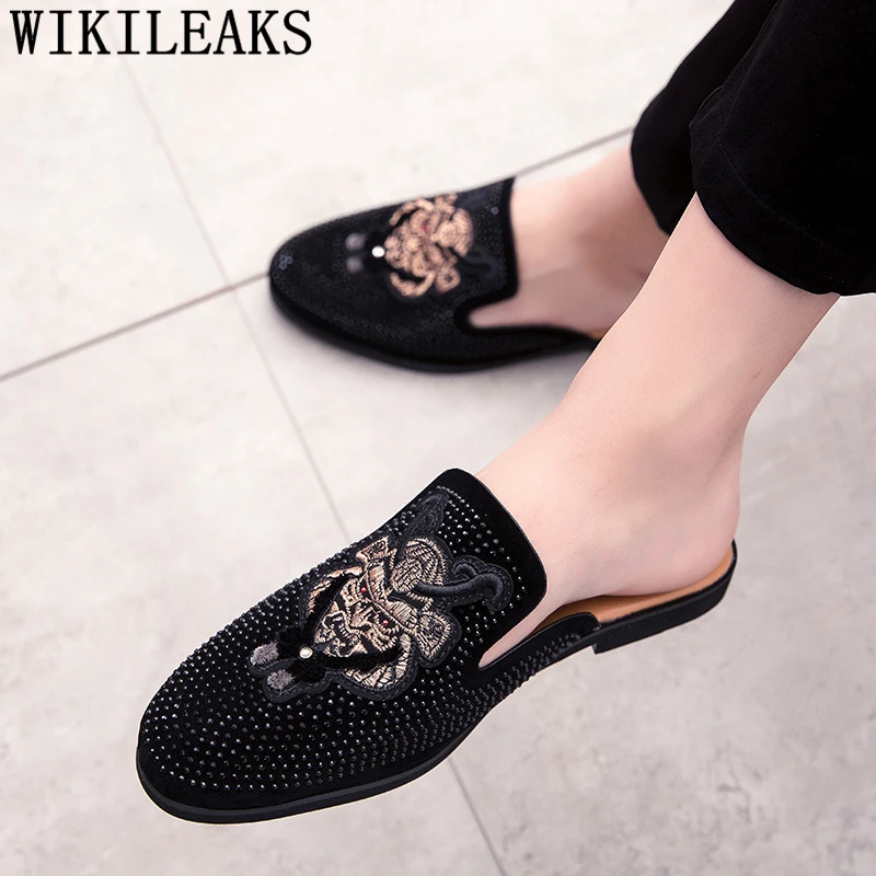 Mules Suede Shoes Men Half For Rhinestone Luxury Fashion Zapatillas Hombre Casual Sapato Social Masculino | Обувь