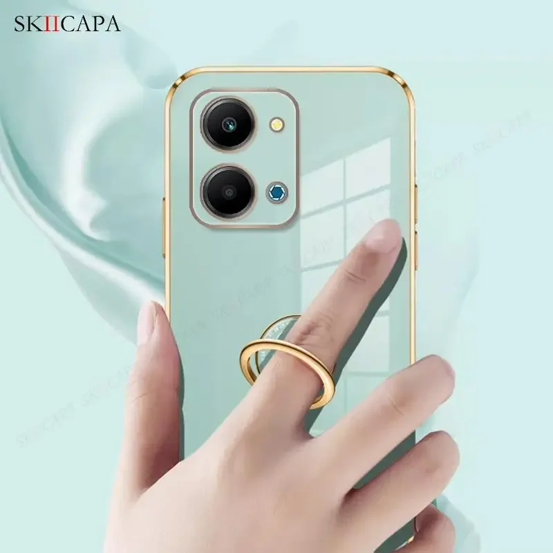 Plating Silicone Lanyard Phone Case with Ring Holder and Soft Cover