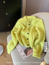 Korean Winter Autumn Women V-Neck Green Cardigans Cozy Cashmere Top Knitted Outerwear Long Sleeve Harajuku High Quality Coquette