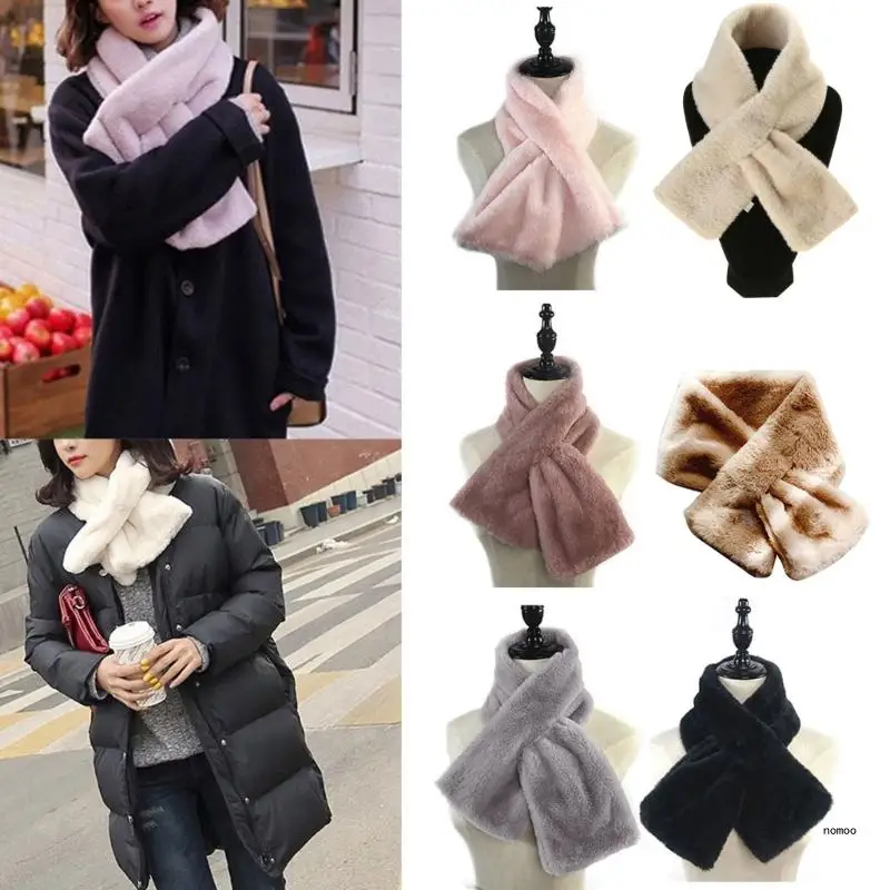 Womens Winter Faux Fur Scarf for Cross Band Ties Furry Cozy Warm Shawl Neckerchi