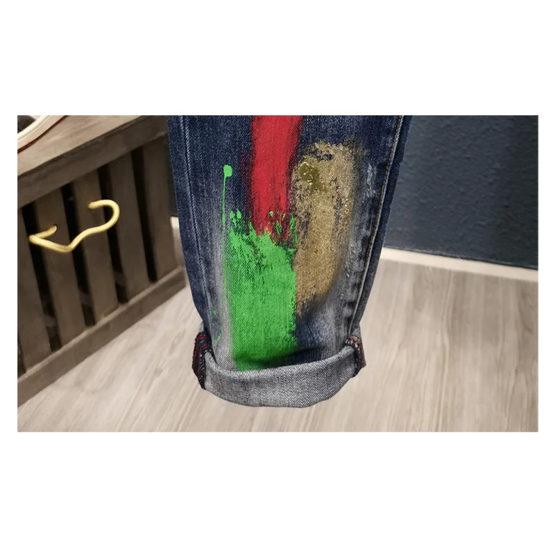 Men Graffiti Jeans Fashion Spray Paint Ripped Hole Personality Hiphop Streetwear Slim Youth Denim Trousers