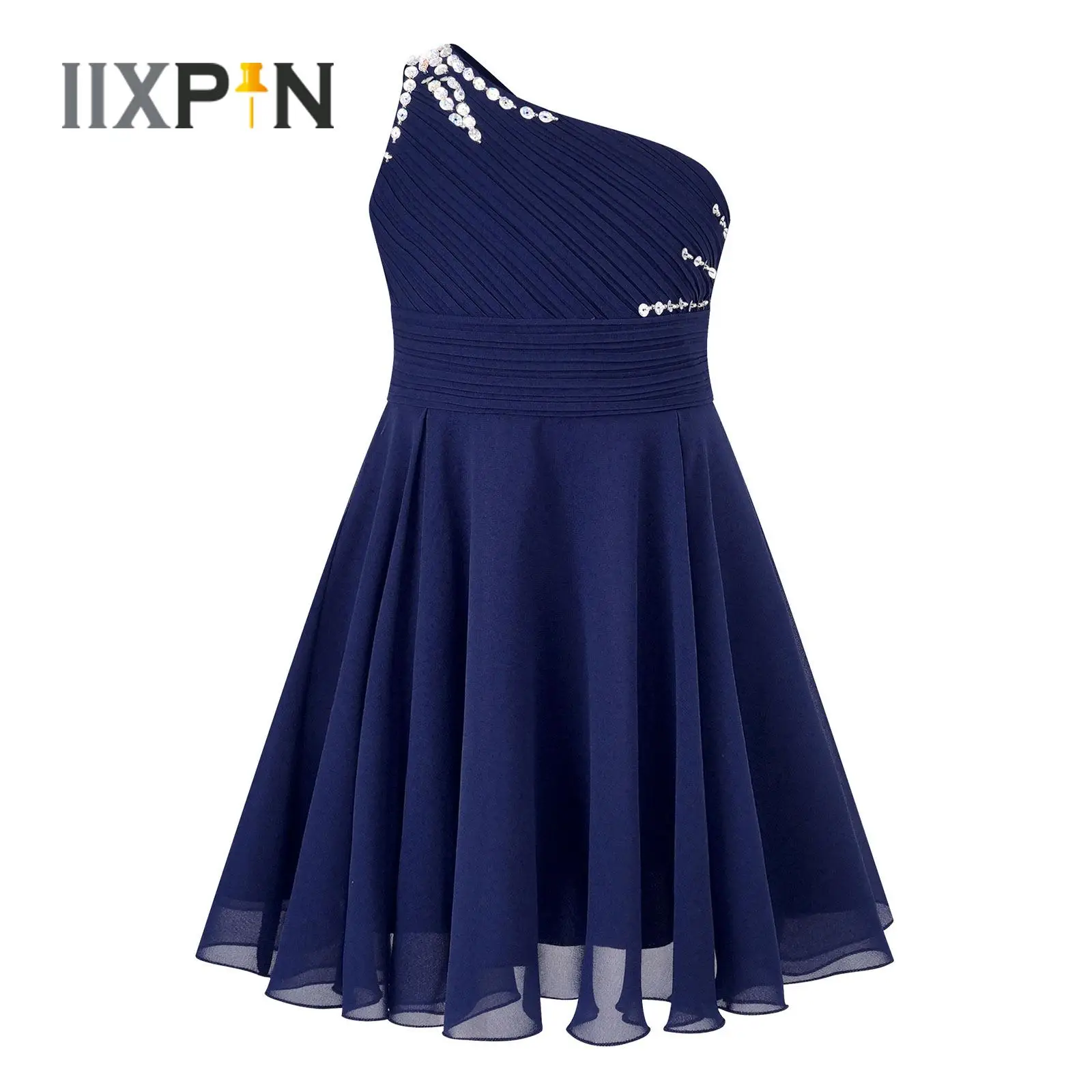 

Kids Girls Party Dress Chiffon Sleeveless One Shoulder Glitter Beaded A-Line Dress Pageant Flower Girl Wedding Bridesmaid Gown