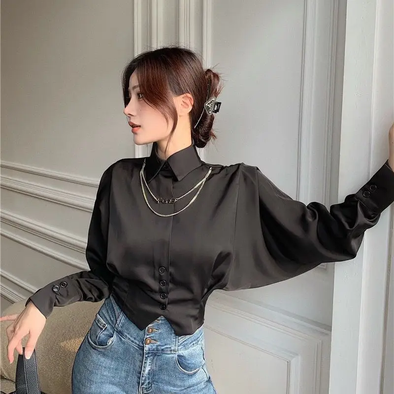 

Korea Vintage Elegant Button Solid Chiffon Shirt Spring Autumn Polo-Neck Long Batwing Puff Sleeve Slim Blouse Women's Clothes