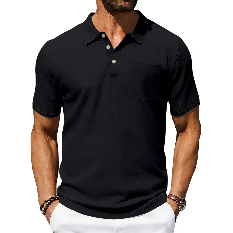 Polo da uomo in lino con risvolto e taschino, vestibilità ampia, traspirante, a maniche corte, stile casual streetwear europeo-americano, collezione Estate 2026 - immagine 4