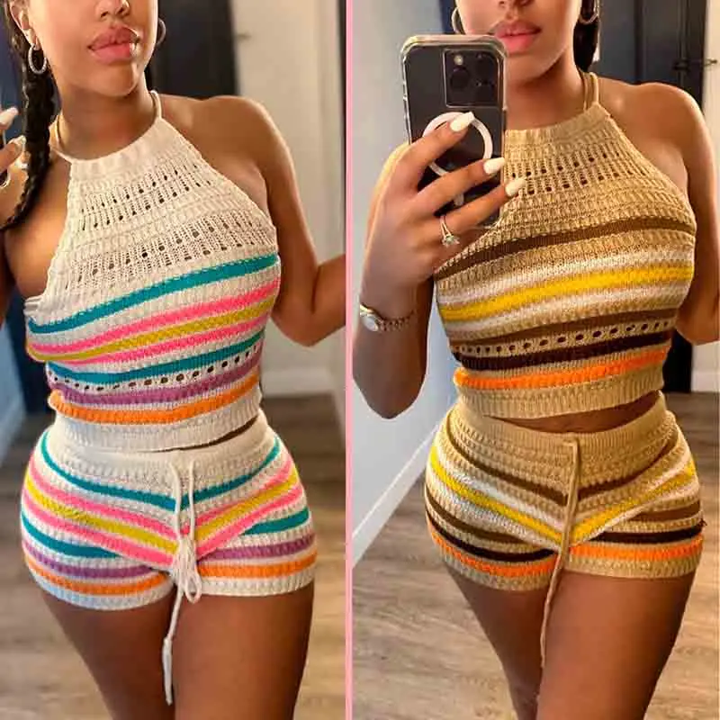 Women Sexy Short Sets Summer Women's New Sweater Fashion Open Back Hanging Neck Top & Wrapped Hip Tight Short Set Beach Style