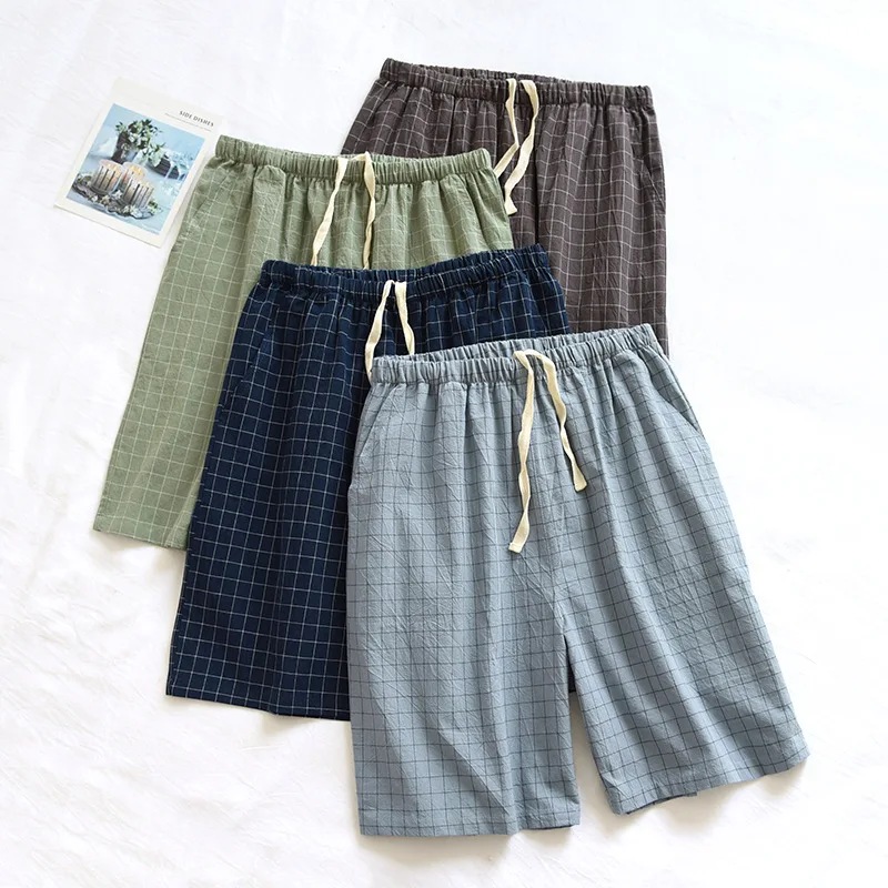 Baumwolle Männer Einfarbig Shorts Einfache Lose und Atmungsaktive Student Schlafen Hosen Elastischer Bund Plaid Pyjama Hosen – Detail 1