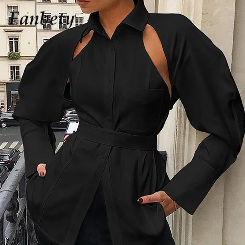 

Sexy Hollow Lapel Button-Up Shirt Women Casual Versatile French Women Fashion Solid Color Design Commuter Bubble Sleeve Shirt