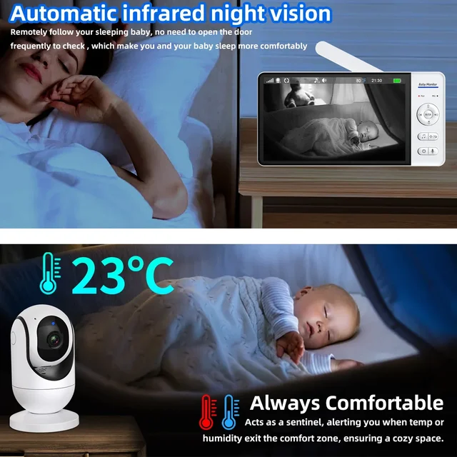 7 Inch Video Baby Monitor With Camera PTZ Zoom Babyphone Cam Security Protection Surveillance Cameras Temperature Sensor Lullaby 6