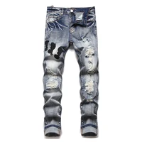 Men's Spring Summer Retro Blue Hole Jeans Punk Slim Stretch Appliques Small Feet High Street Hip-Hop Fashion Casual Brand Jeans 1