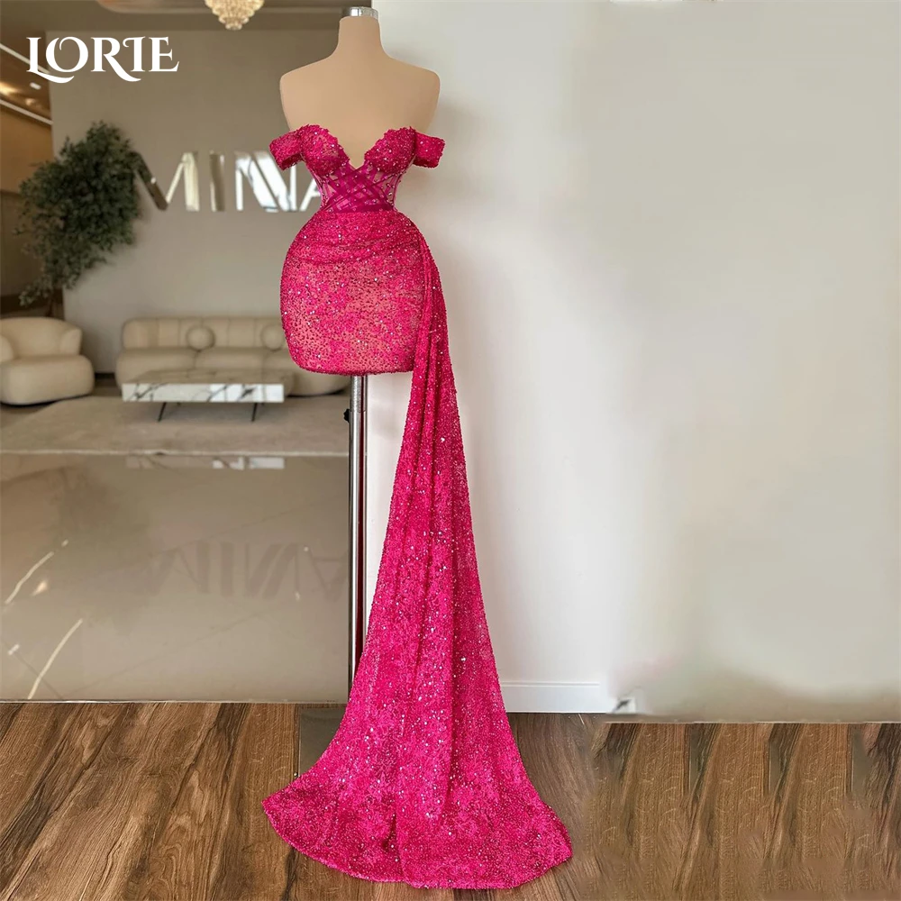LORIE Glitter Pink Cocktail Party Gowns Off Shoulder Mini Plated Sparkly Evening Dress Backless Pageant Party Gowns Customized