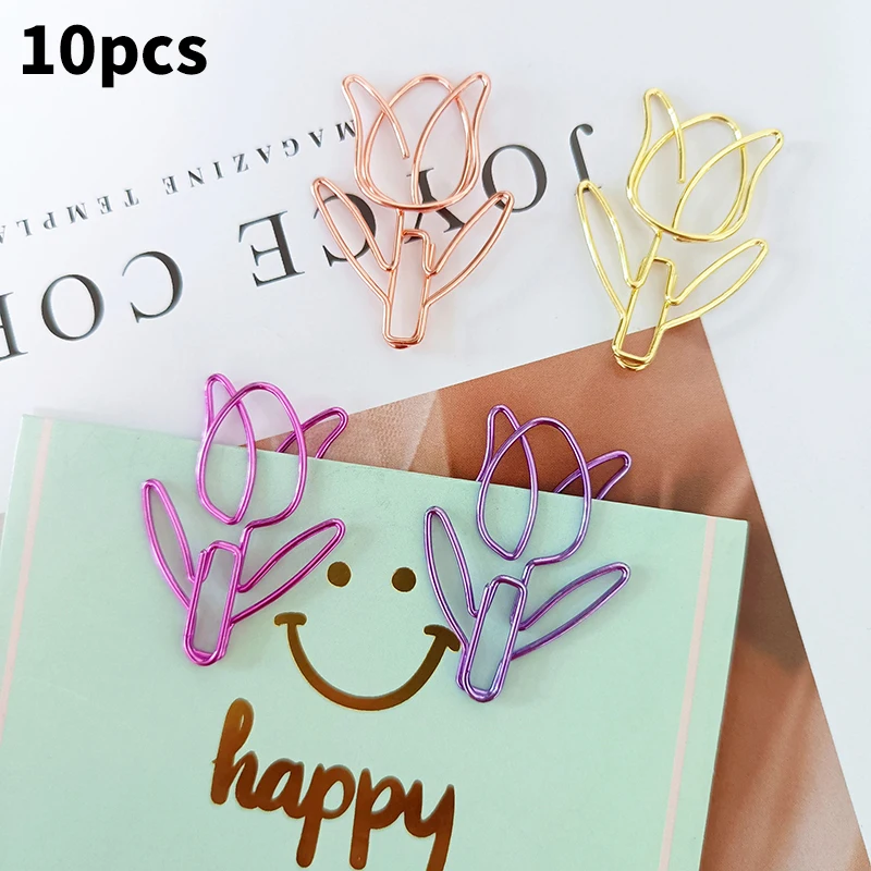 

10PCS Colored Tulip Shaped Paper Clip Office Stationery Metal Bookmark Paper Clips