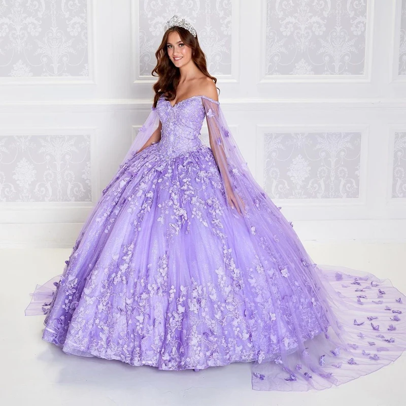 

Lilac lavender Butterfly Quinceanera Dresses With Cape Lace Applique Sweet 16 Dress Mexican Prom Gowns 2024 Vestidos De XV Anos