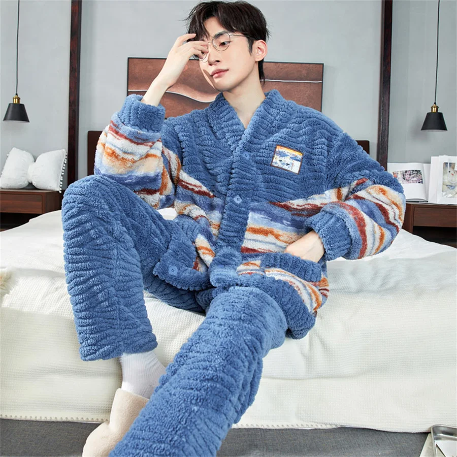 Men's Winter Warm Coral Fleece Pajamas Set Fluffy Coat + Long Pants Male Sleepwear for Sleeping 2 Pieces Home Wear Loungewear images - 6