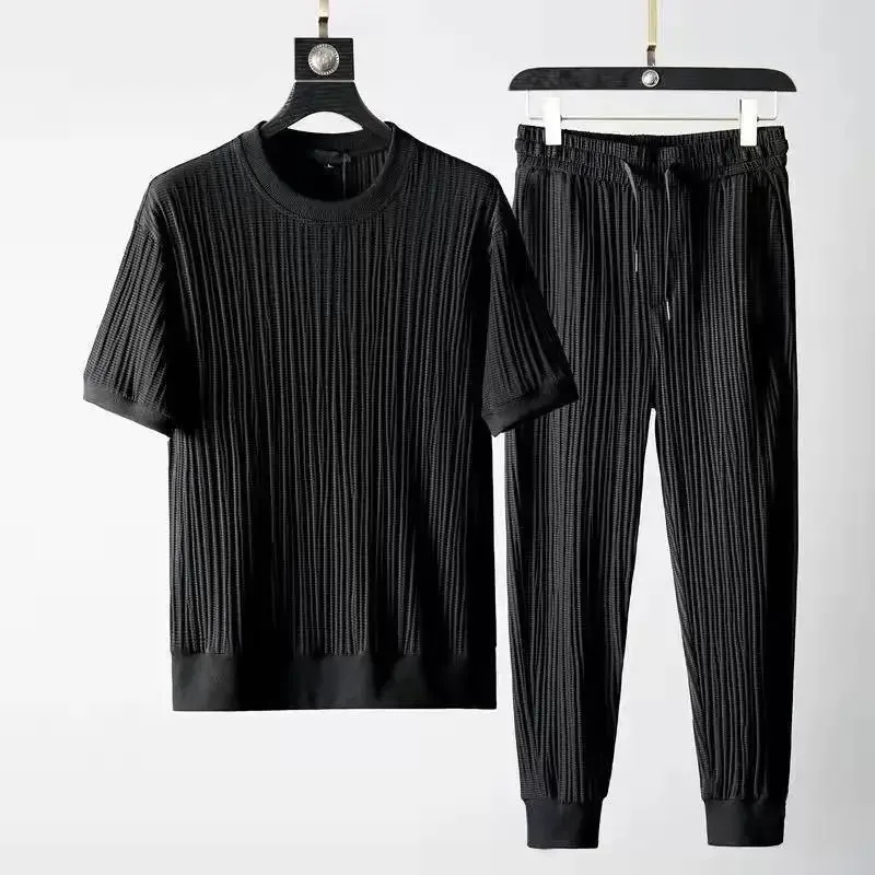 Summer Casual Suit Men's 2025 New Round Neck Elastic Breathable Pleated Short-sleeved Nine-point Pants Thin One Set Scc091cd6652e4a0dbaf21f2cbd54532cc