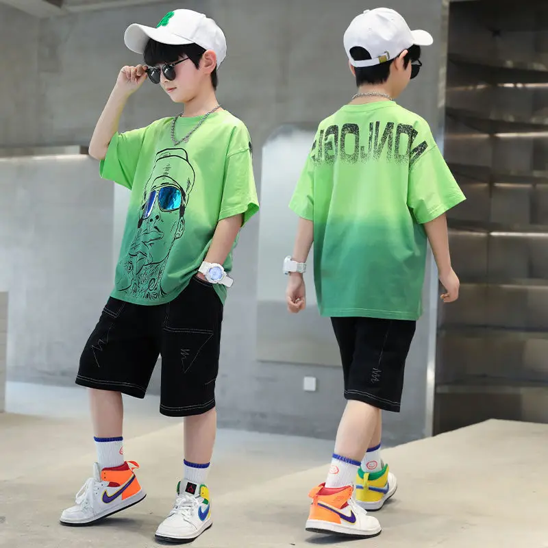 

Summer Children's Sets Fashion Teen Boys Short Sleeve purple T-shirt Shorts Pullover Streetwear Outfits Set with Pants for Boys