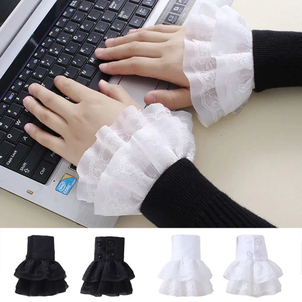 

Chiffon Literary Women Sweet Lace Fake Sleeves Double Layer Ruffles Detachable Flared Cuffs Sweater Decorative Wrist Warmers