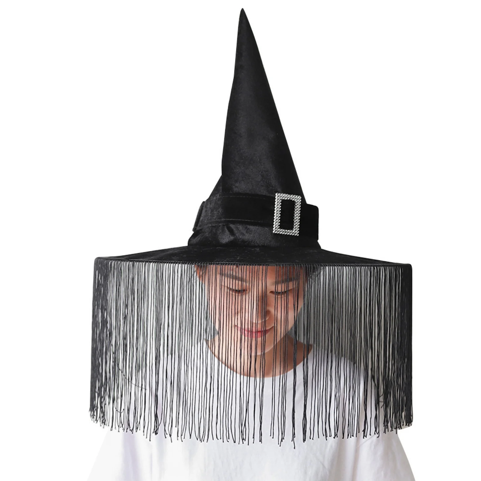 1PC Halloween Witch Hats Set, Black Witch Hats With Fringe, Spider & Veil Decor, Cosplay Hats For Halloween Party Costumes