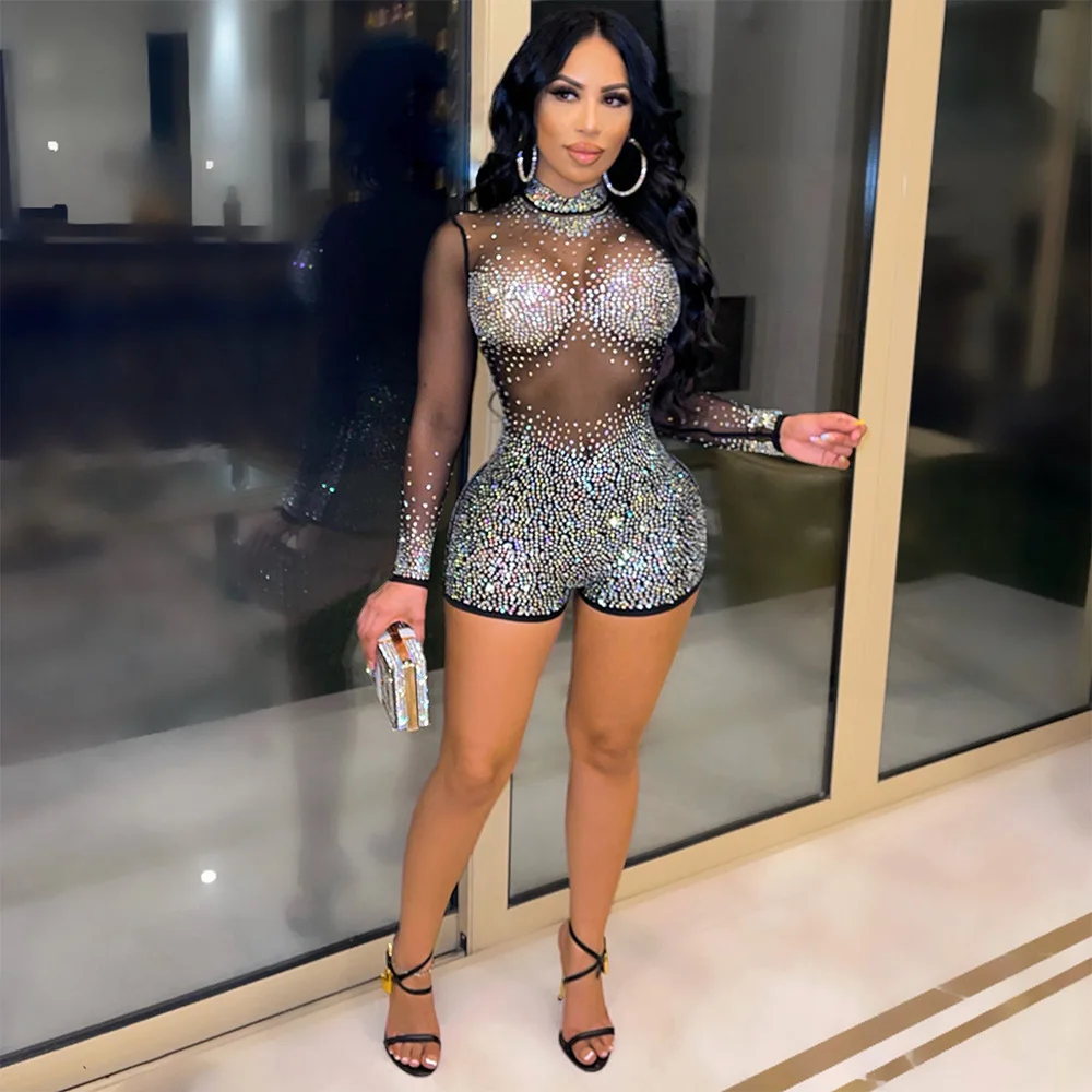 Sexy Mesh Bodysuit Women Patchwork Diamonds Long Sleeves Rompers Elegant Party Prom Ladies Skinny Perspective Jumpsuit One Piece