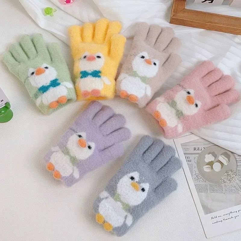 3-7Y Cartoon Penguin Children Gloves Autumn Winter Cute Warm Knitted Five Finger Girls Students Mittens Boys Kids Riding Gloves