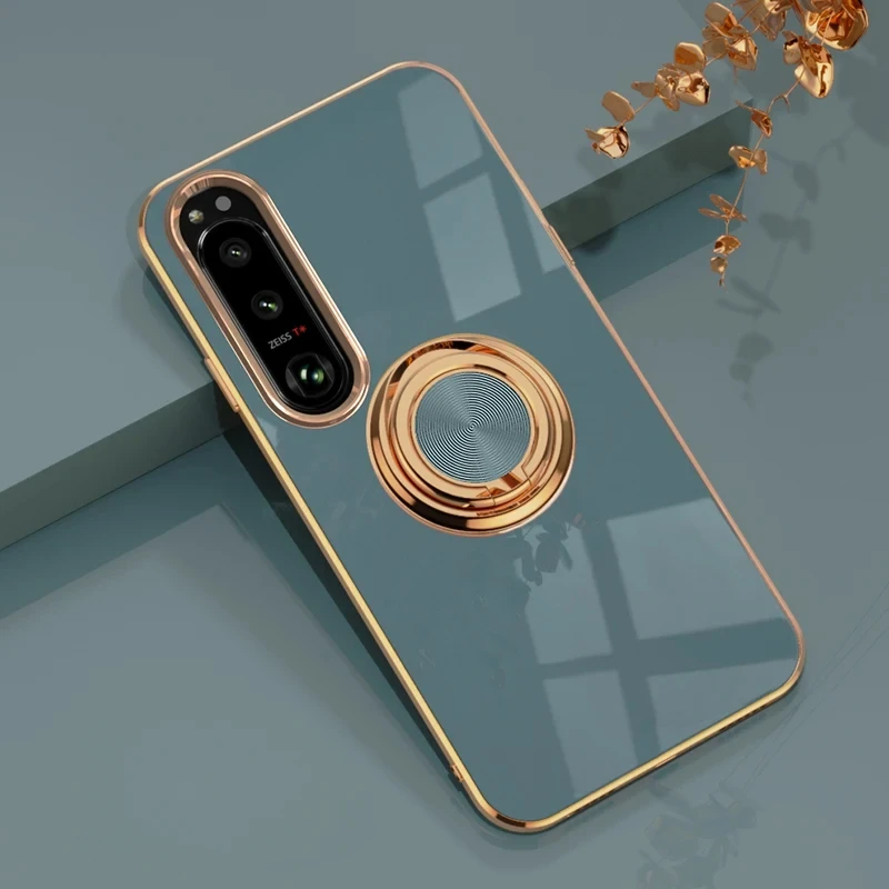 Luxury Plating Gloss Silicone Phone Case with 360° Rotating Ring Holder and Shockproof Design