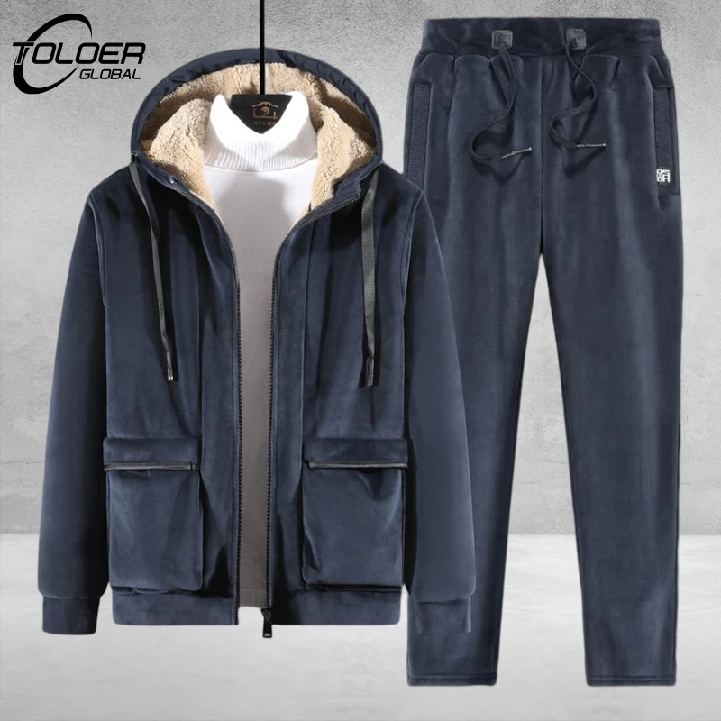 

2023 Winter Thick Men Sports Suit Tracksuit Hooded Sportswear Zipper Cardigan Hooded+elastic Pants Casual Men's Fleece Warm Sets