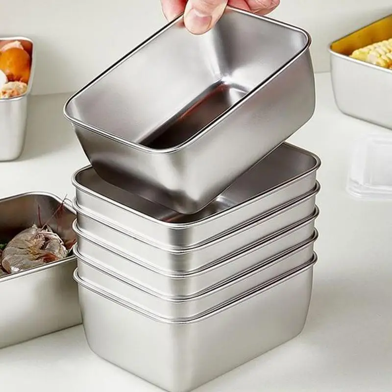 with Plastic Cover Stainless Steel Food Storage Trays Rectangle Preservation Box Stainless Steel Food Storage Box Rustproof 4
