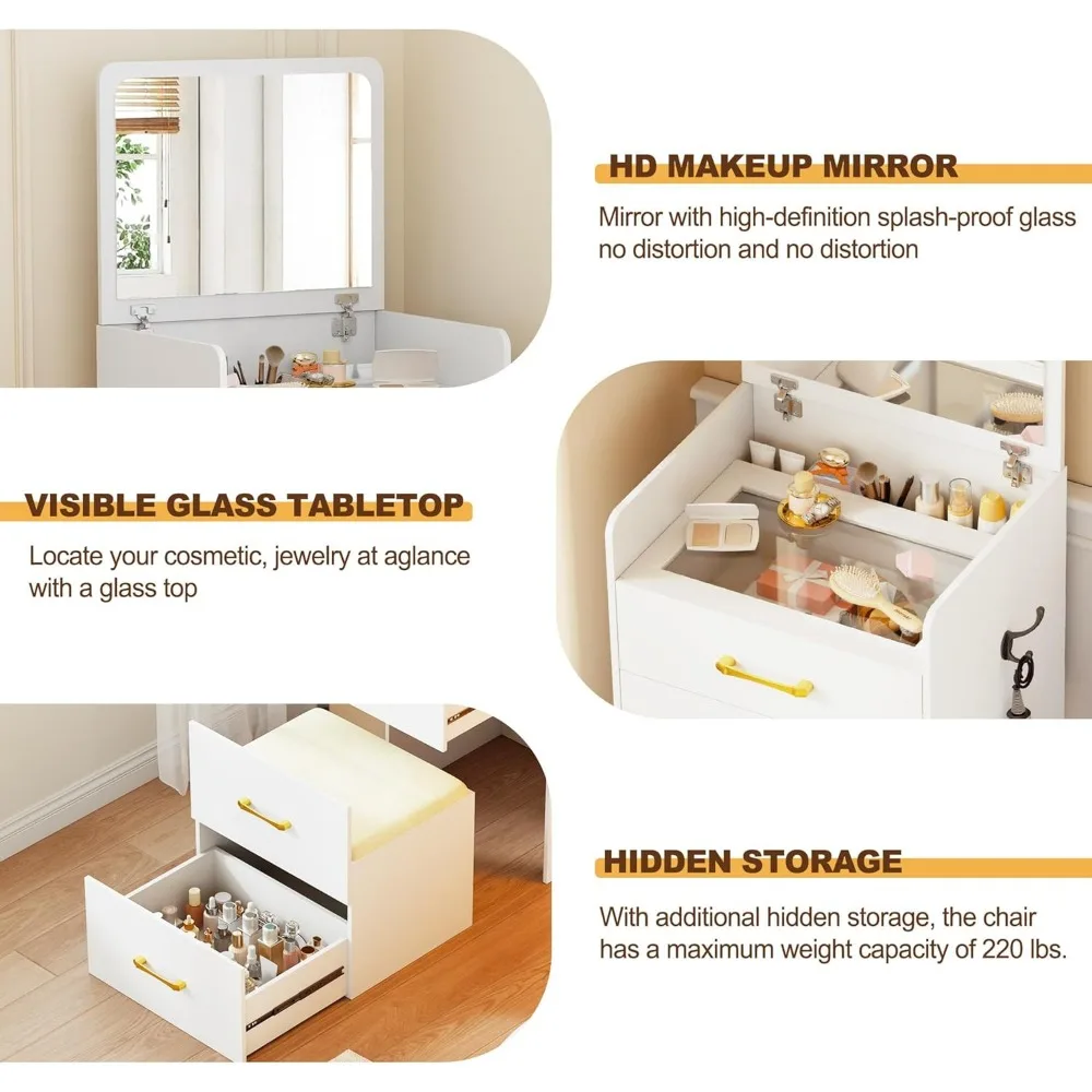 3-in-1 Vanity Desk with Flip Top Mirror, Makeup Vanity Table with Cushioned Stool for Small Space, Compact Dressing Table 3