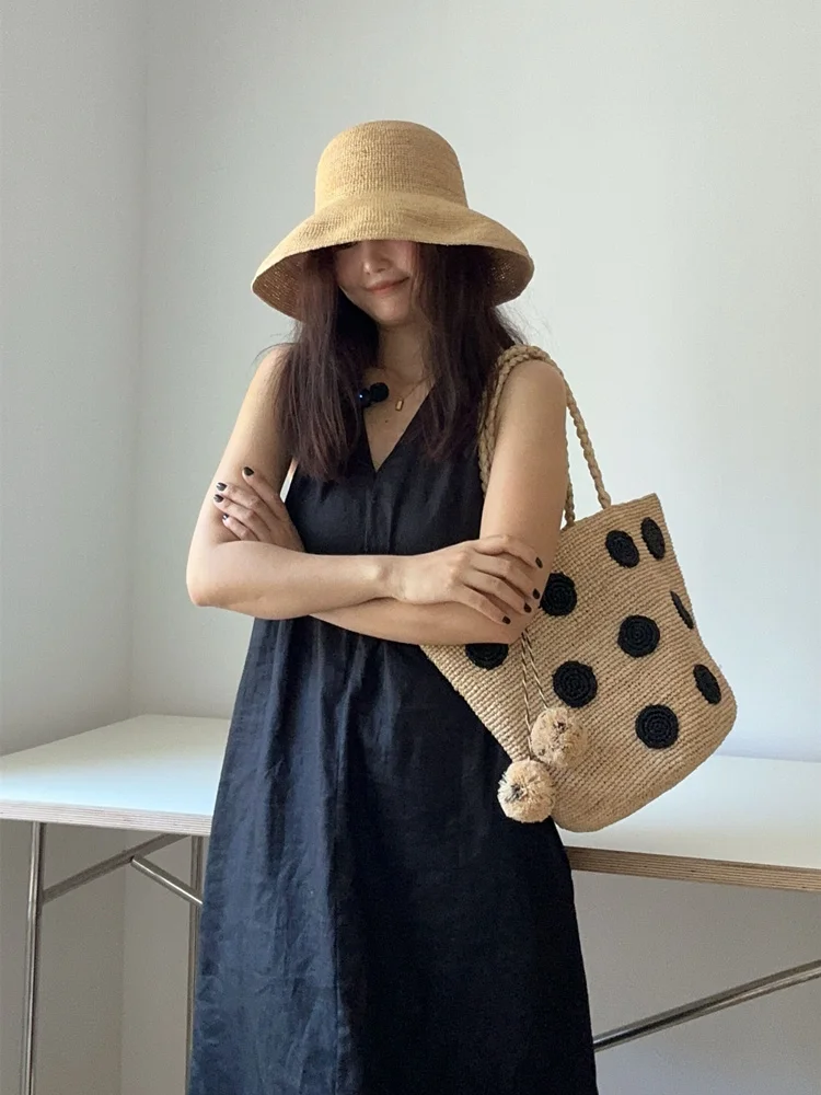 Natural Raffia Straw Tote Bag Large Capaci Casual Handbag Summer Beach Vacation Single Shoulder Handheld Bag for Women