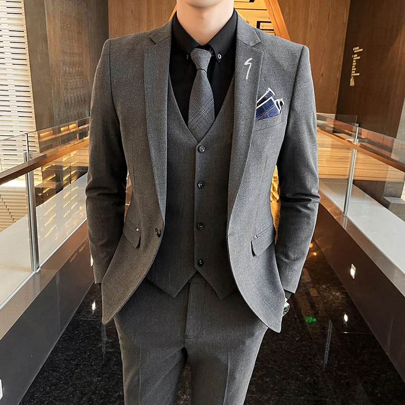 

High Quality (Blazer+ Vest + Trousers) Men's British Style Business Elegant Simple Performance Casual Wedding Suit Three Pieces
