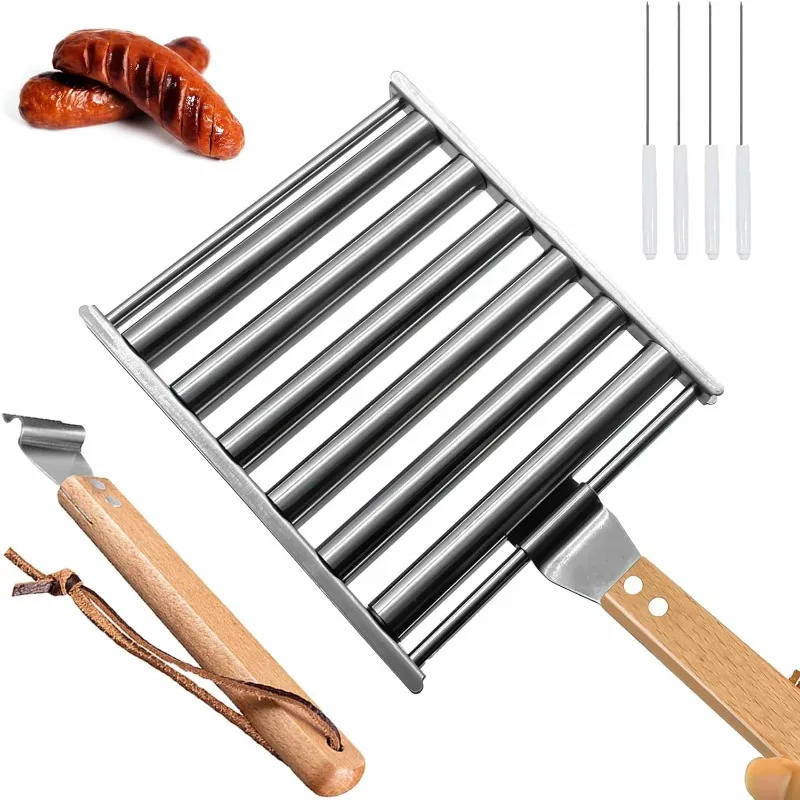 Hotdog Roller Grillers BBQ Tools Hot Dog Roller with Extra Long Wood Handle Stainless Steel Sausage Rack accessories