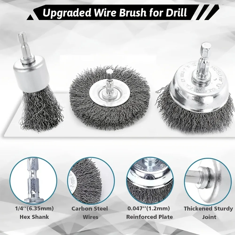 6.35mm Wire Brush Wheel Cup Brush Set Wire Brush for Drill Hex Shank Coarse Carbon Steel Crimped Wire Wheel 전동드릴 청소솔 6