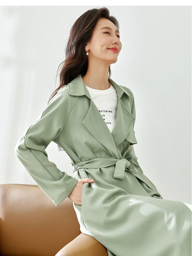 Vimly Women's Autumn Trench Coat Female New in Outerwear Loose Long Sleeve Straight Green Wrap Coats Women's Clothing F6105