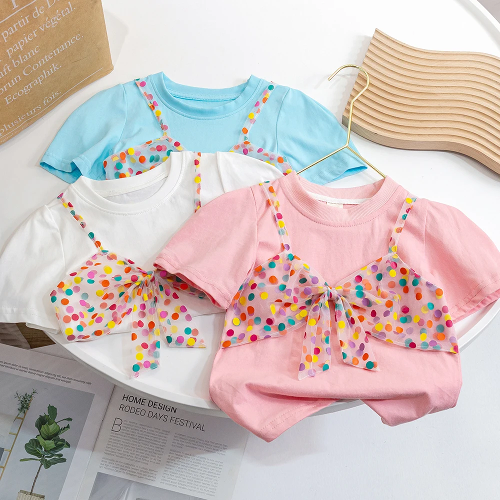 

Summer Casual Kids T-shirt Cute Colorful Polka Dot Bow Short Sleeve Baby Girls T-shirts Tops Children Clothes 1-6Years Old